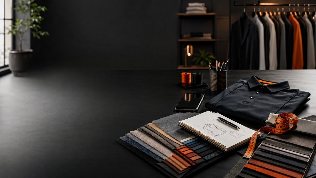 Sample polo, measuring tape and a sketchbook on the Velnox Wear sampling table