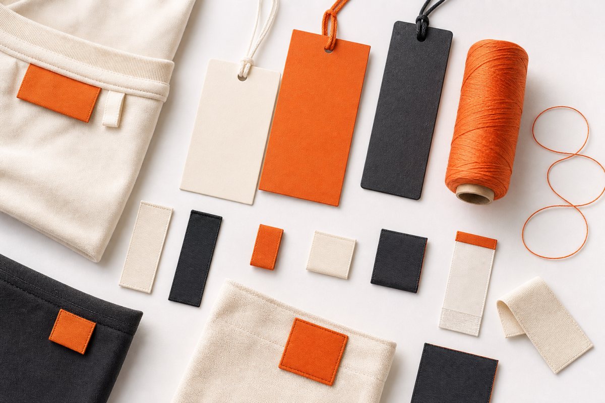 Woven labels, hang tags and branding trims on a soft white surface