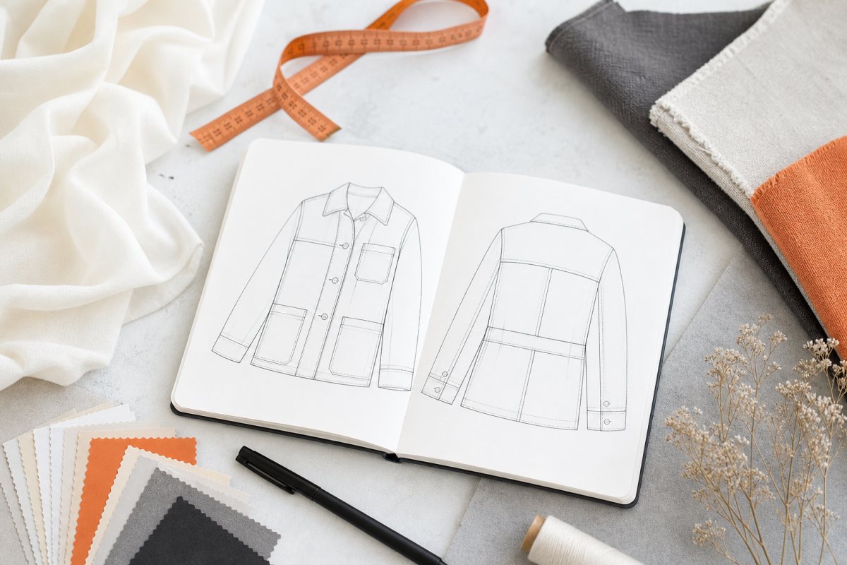Tech pack sketches, measuring tape and fabric swatches on a bright design table
