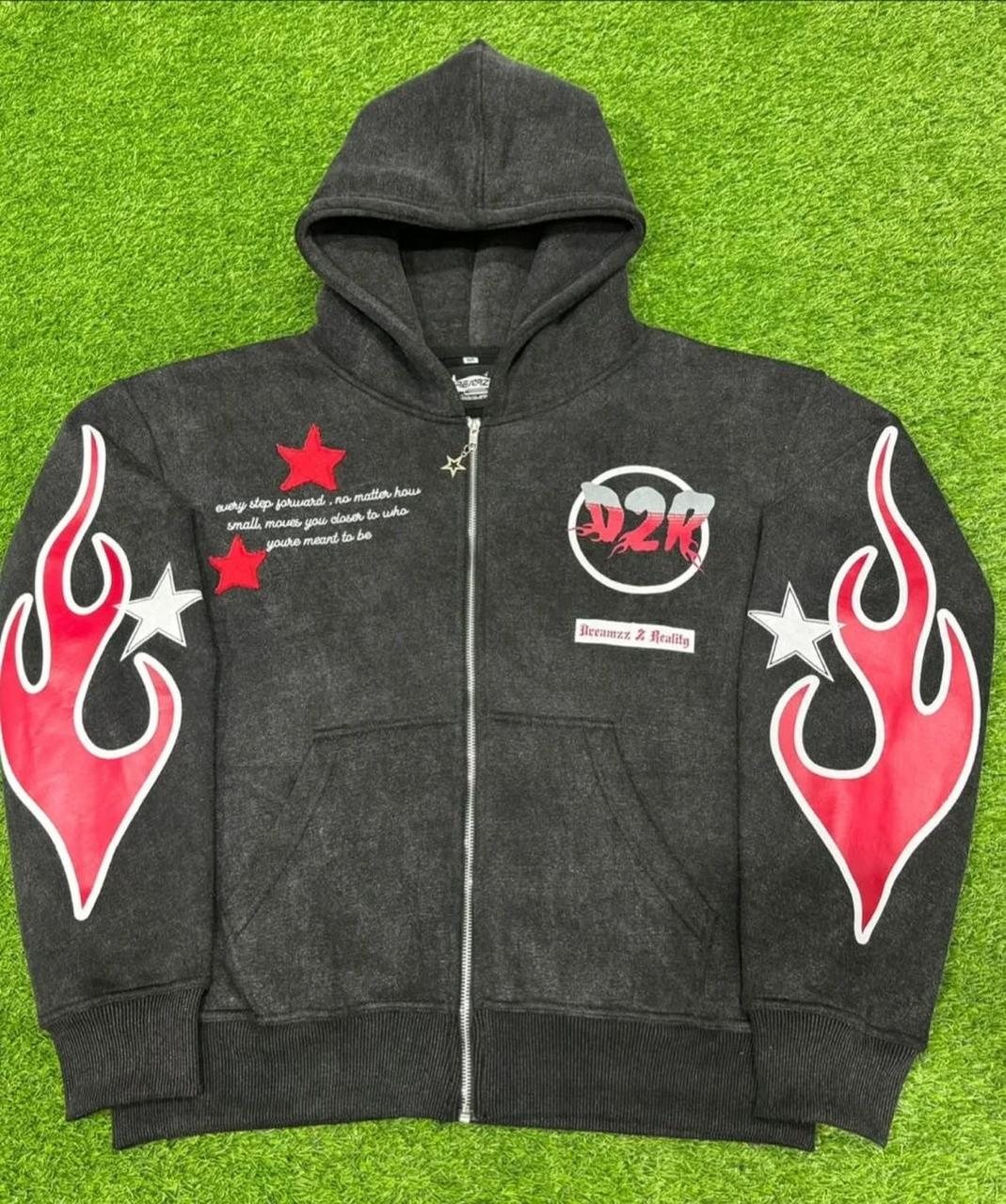Charcoal acid-wash zip hoodie with red flame sleeves and embroidered logos