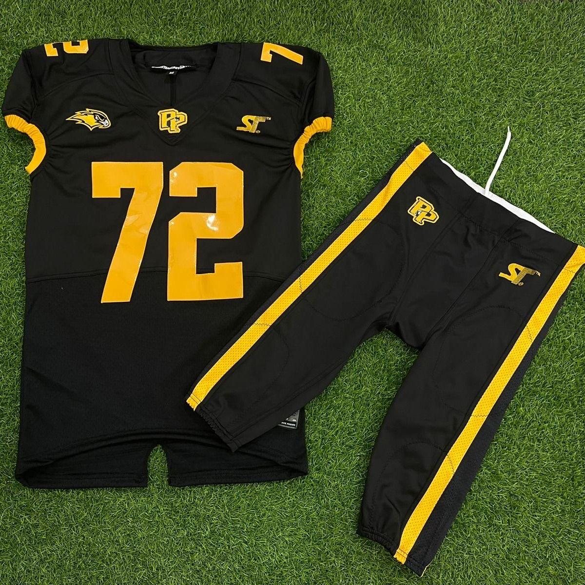 Black American football jersey with yellow accents and striped pants