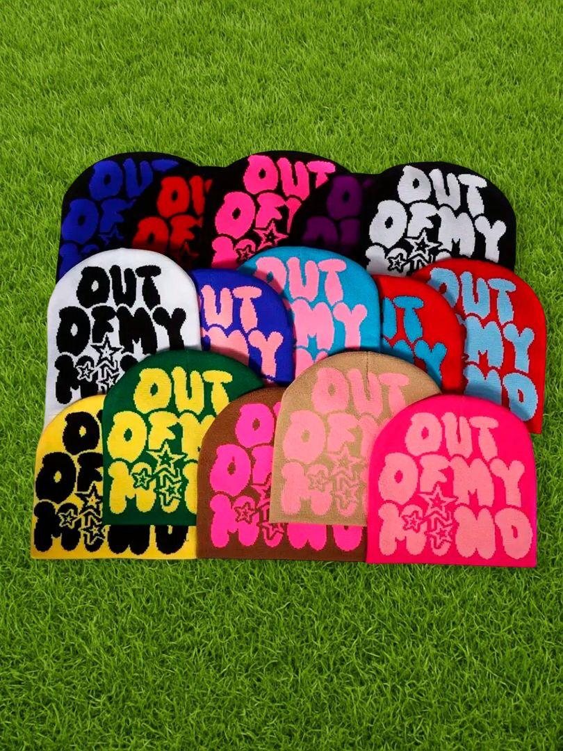 Custom bubble-font jacquard beanies in many colorways