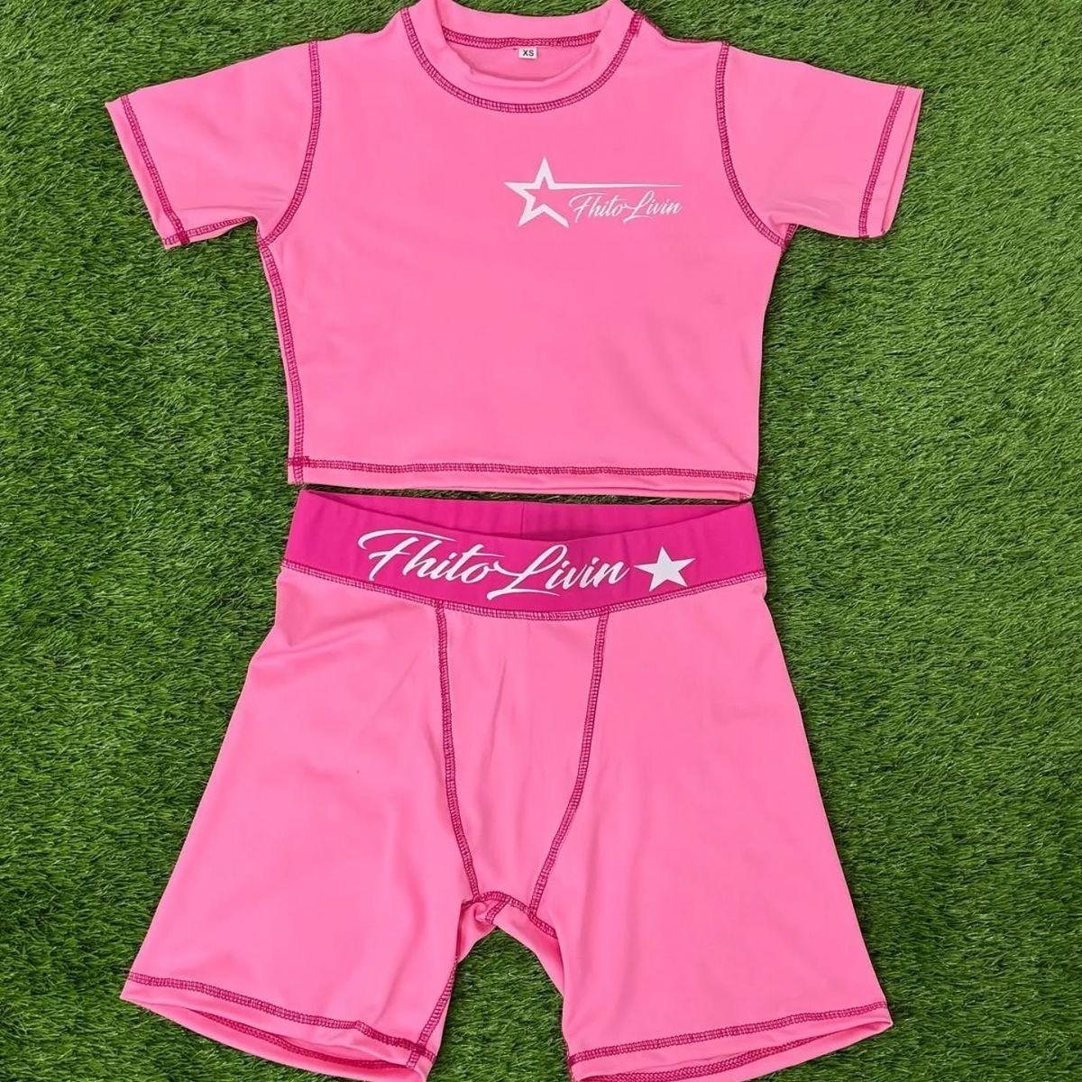 Custom crop top and compression shorts set in pink grey and blue