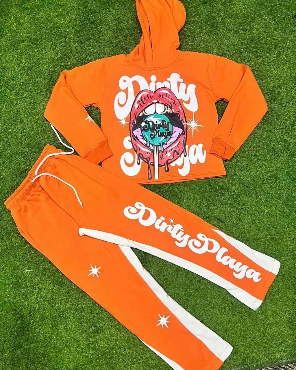 Fleece hoodie and jogger tracksuit in red orange and pink colorways detail 1