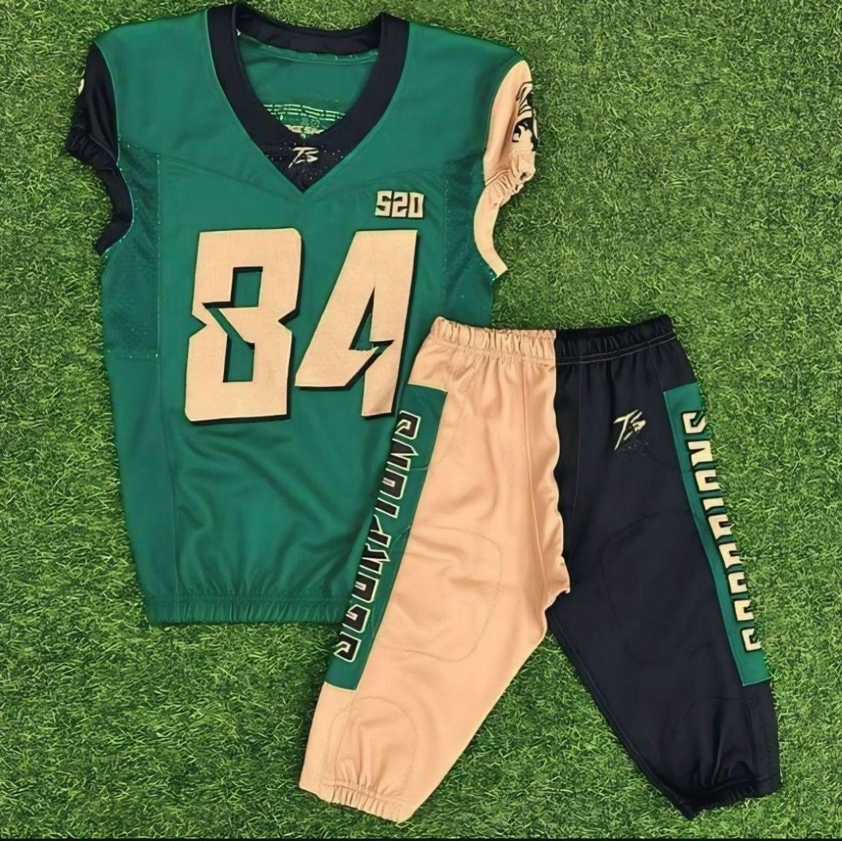 Forest green and gold American football jersey with two-tone pants