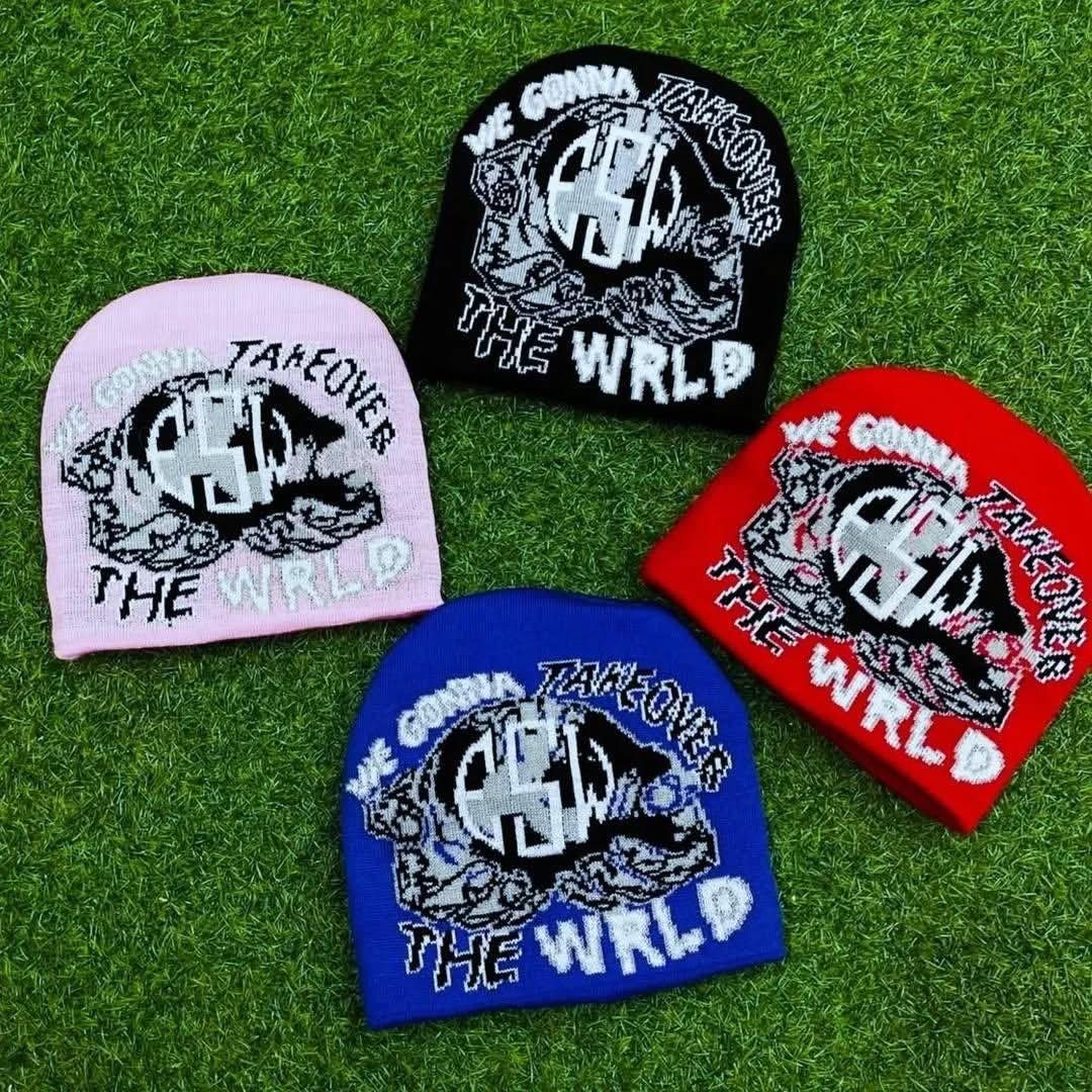Custom graphic knit beanies in pink black red and blue colorways
