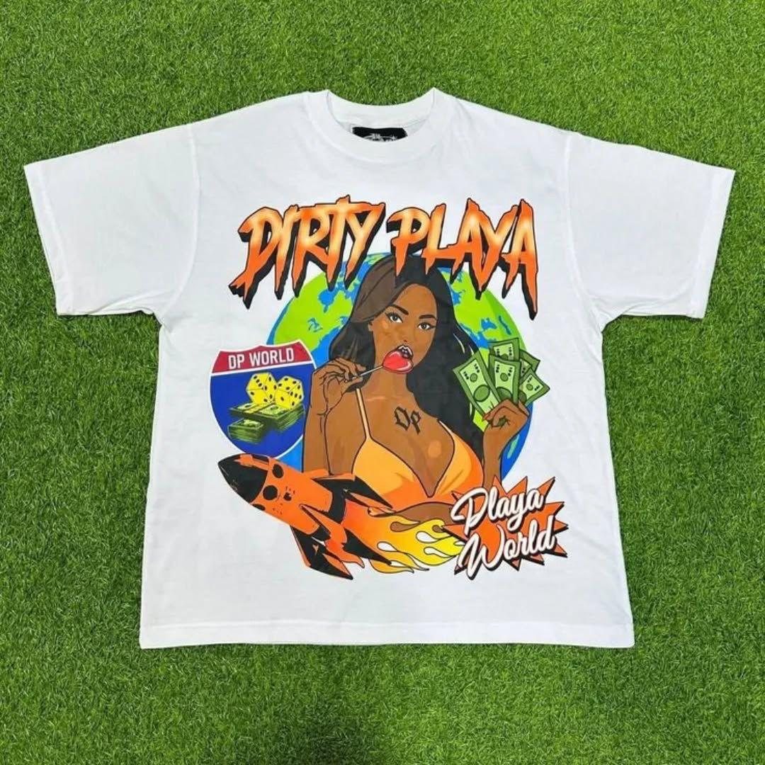 White heavyweight tee with colorful front illustration and back print