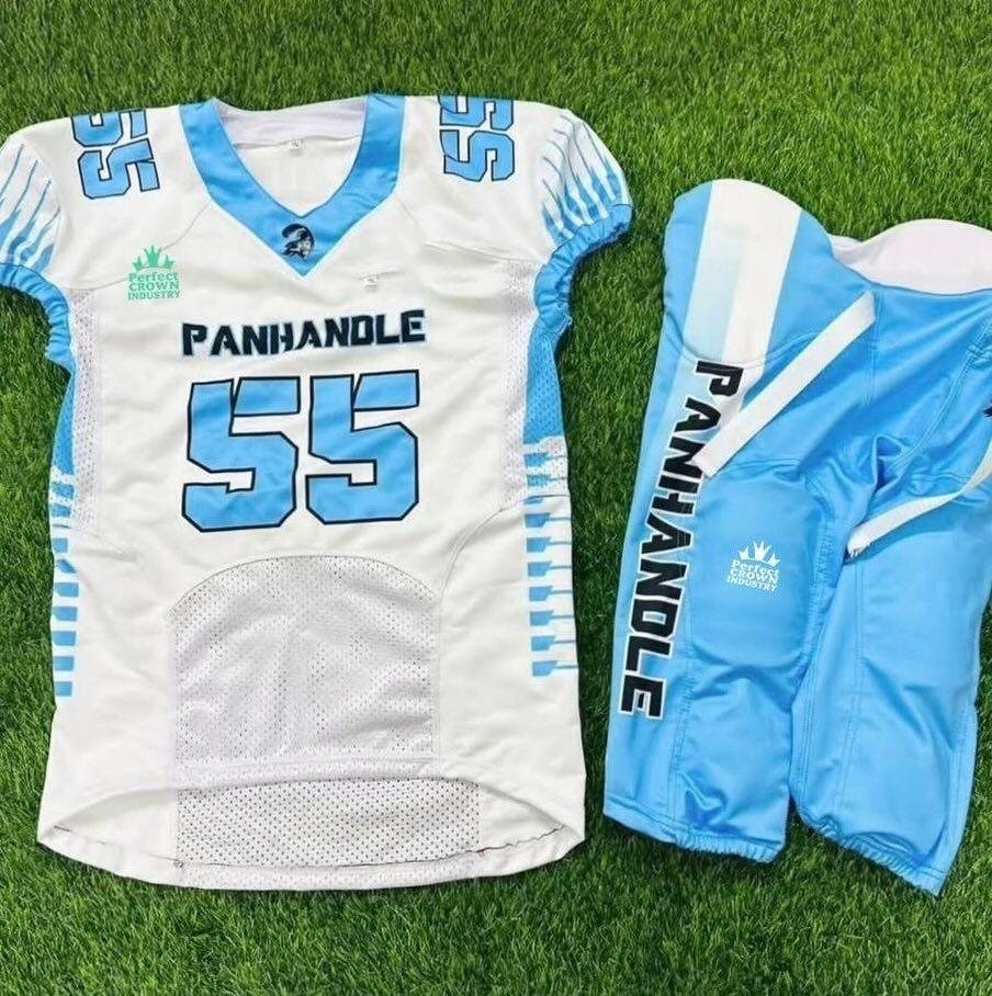 White and light blue football jersey with matching striped pants