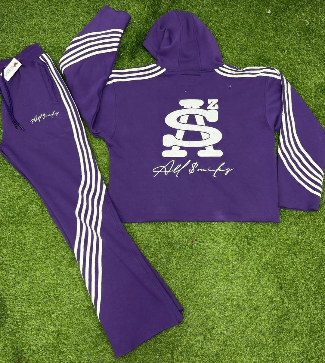 Purple fleece zip tracksuit with white five-stripe sleeve and leg detail detail 1
