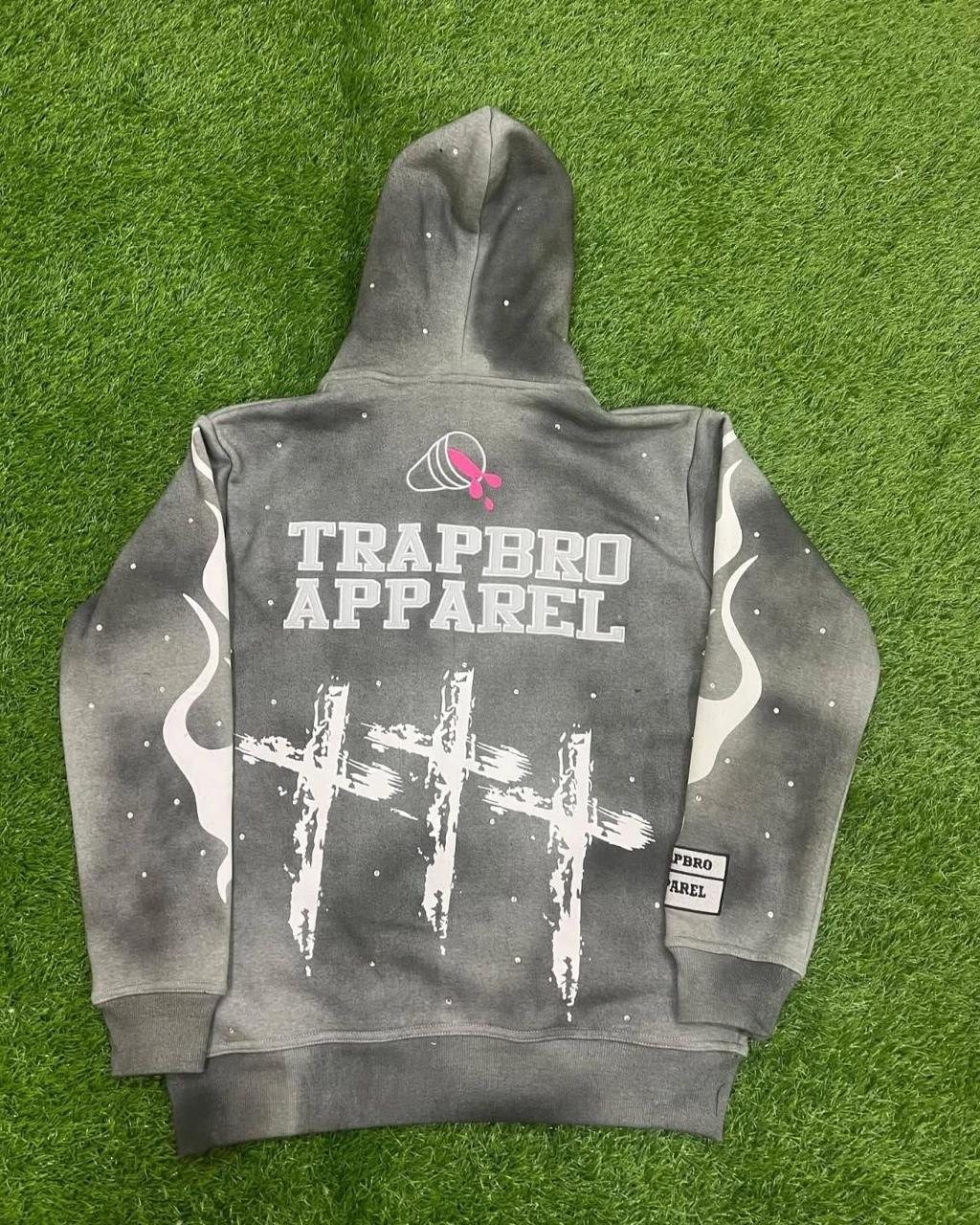 Rhinestone flame graphic zip hoodie in pink and acid-wash grey detail 3