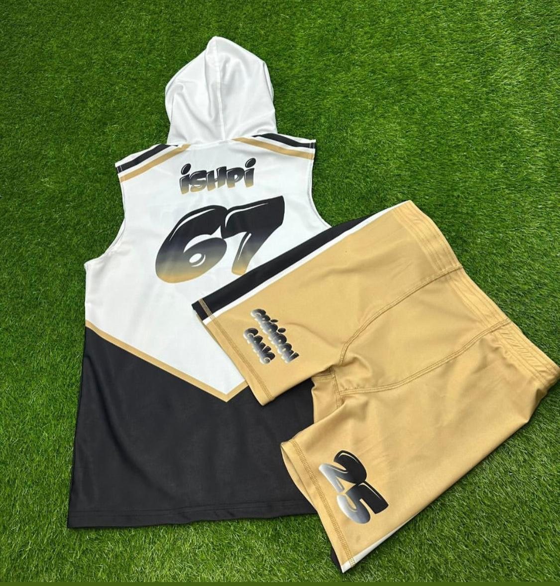 Custom sleeveless hooded jersey and gold shorts football training set