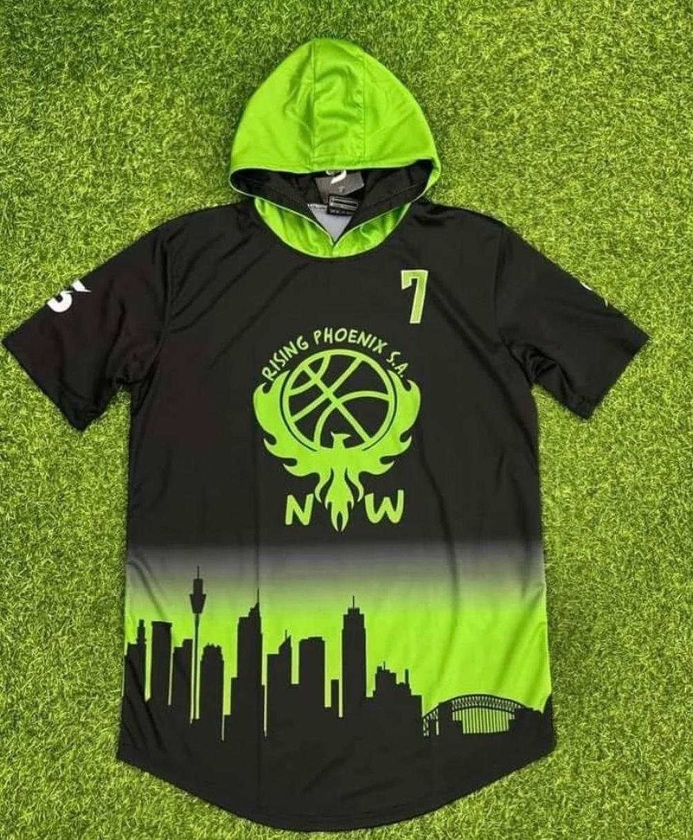 Black and lime green hooded basketball jersey with team crest and number