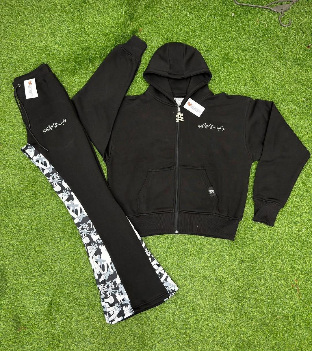 Custom black zip hoodie and flared pants with printed side panels