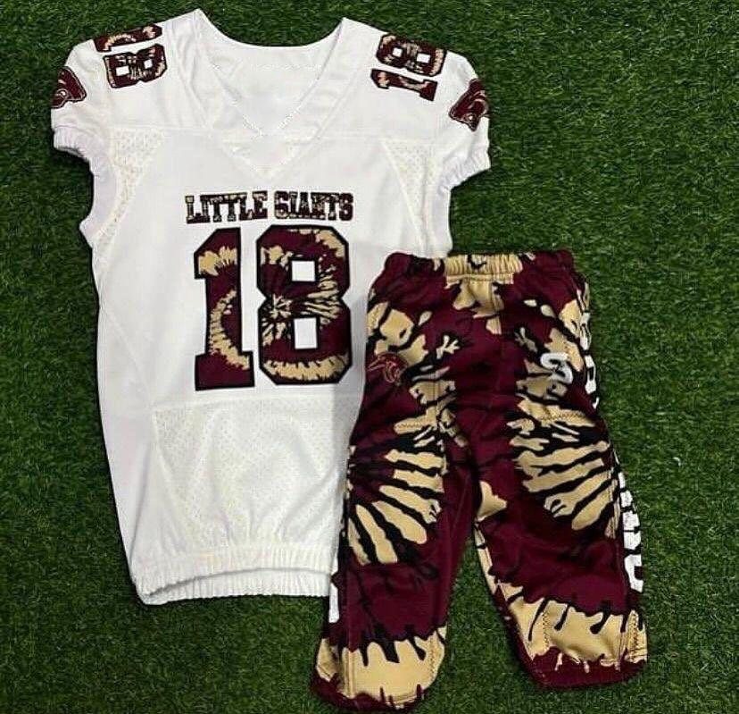 White maroon youth football jersey with patterned pants