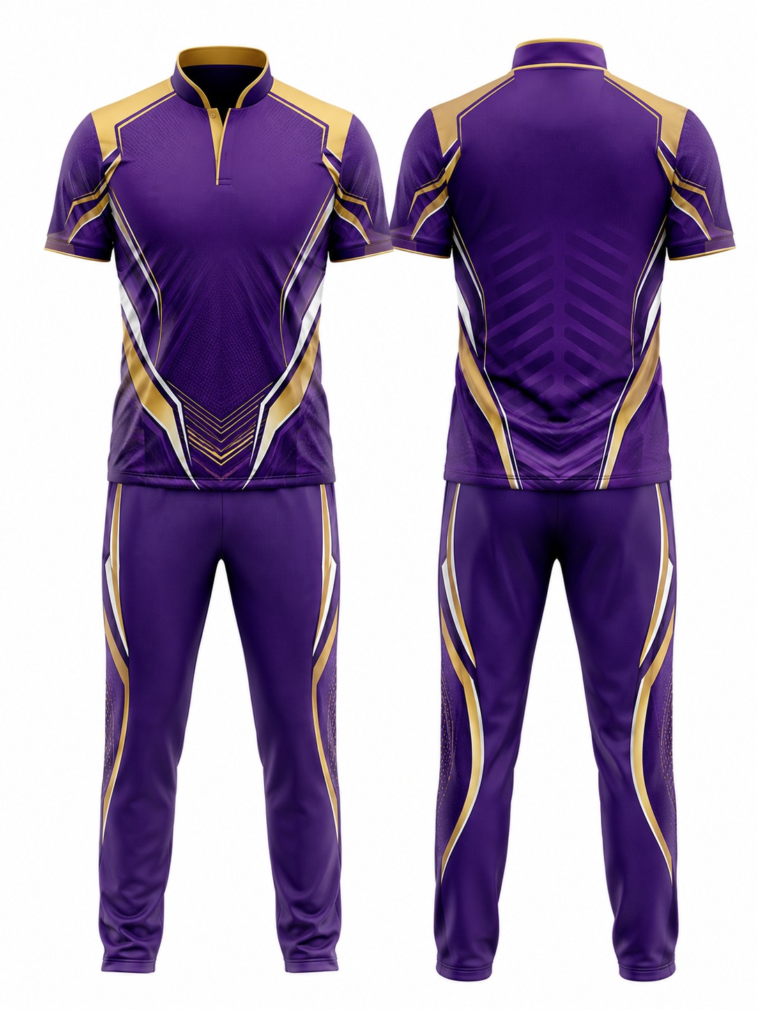 Custom Cricket Purple And Gold Athletic Uniform manufactured by Velnox Wear