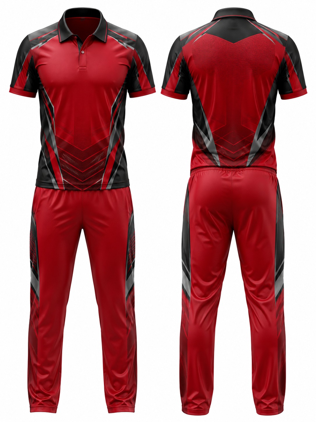 Custom Cricket Red And Black Geometric Athletic Uniform manufactured by Velnox Wear