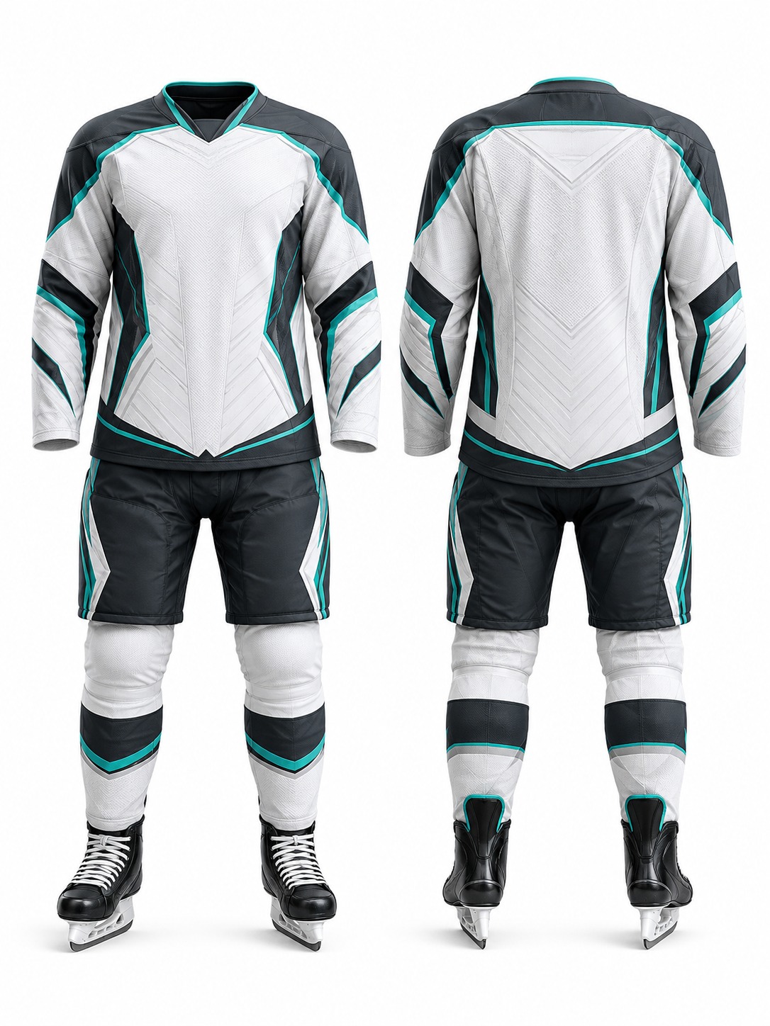 Custom Ice Hockey Aqua Charcoal Hockey Uniform manufactured by Velnox Wear