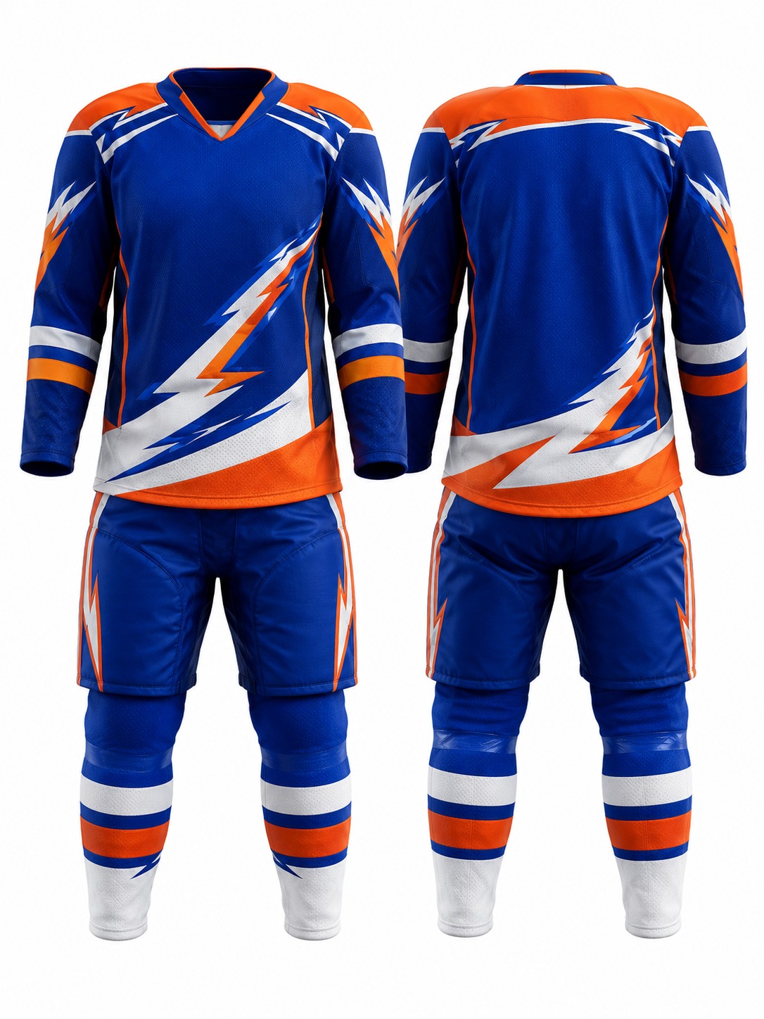 Custom Ice Hockey Blue Orange Lightning Hockey Uniform manufactured by Velnox Wear
