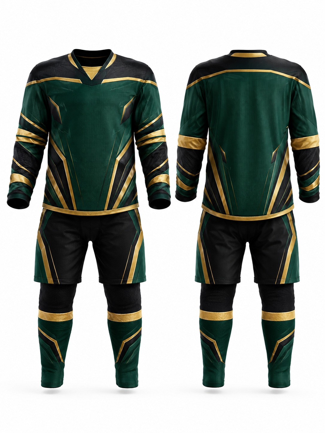 Custom Ice Hockey Emerald And Gold Hockey Uniform manufactured by Velnox Wear