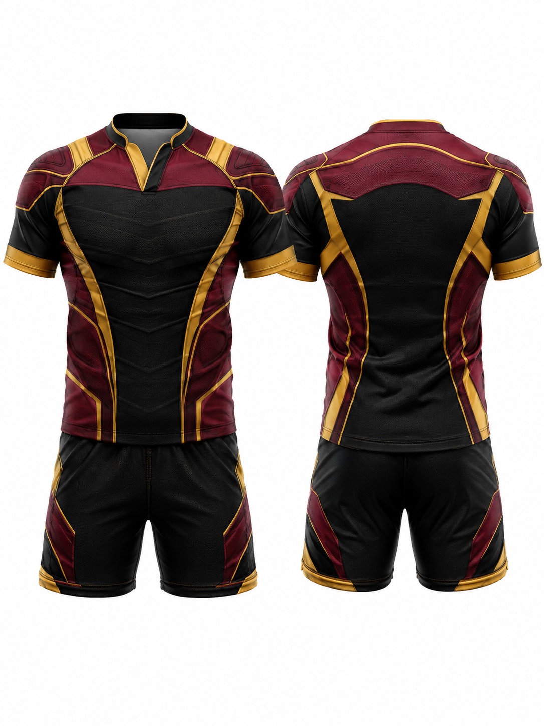 Custom Rugby Maroon Black And Gold Athletic Kit manufactured by Velnox Wear
